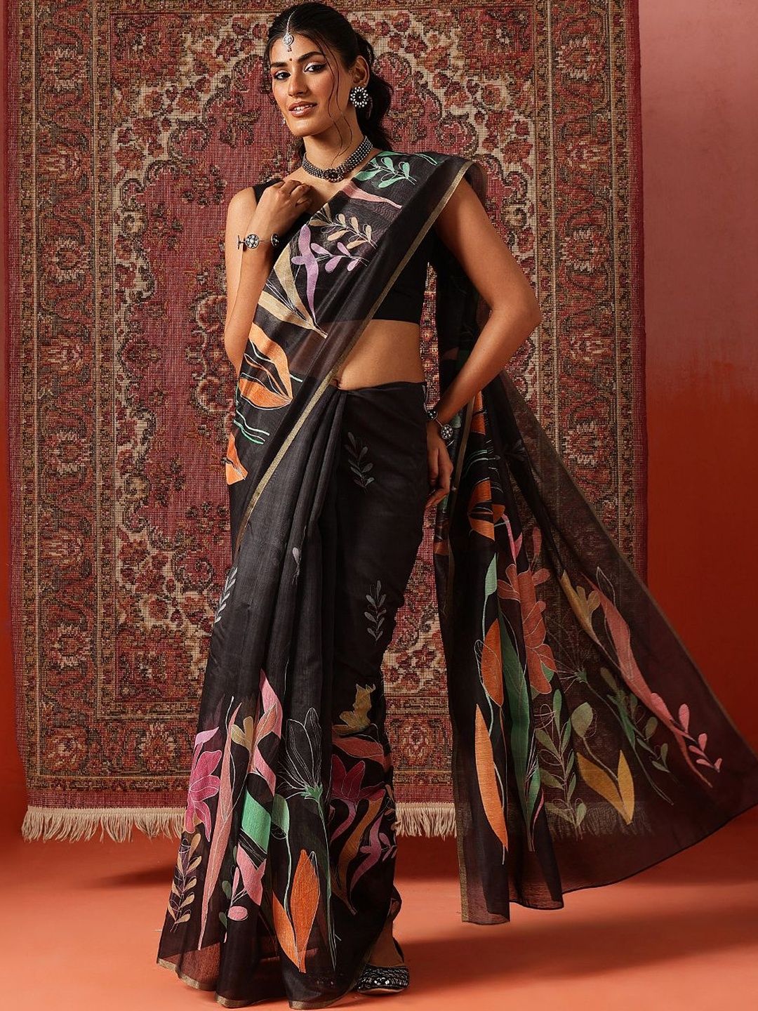 Silk Land Digital Printed Floral Chanderi Saree-image-21