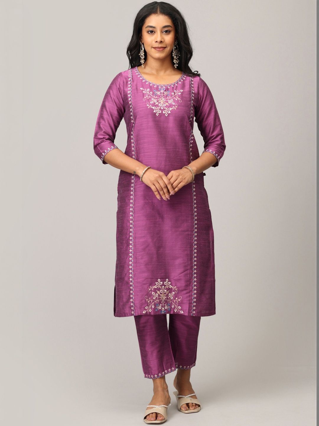 MAKEOVER FASHIONS Women Ethnic Motifs Embroidered Regular Thread Work Dupion Silk Kurta with Trousers-picture-23