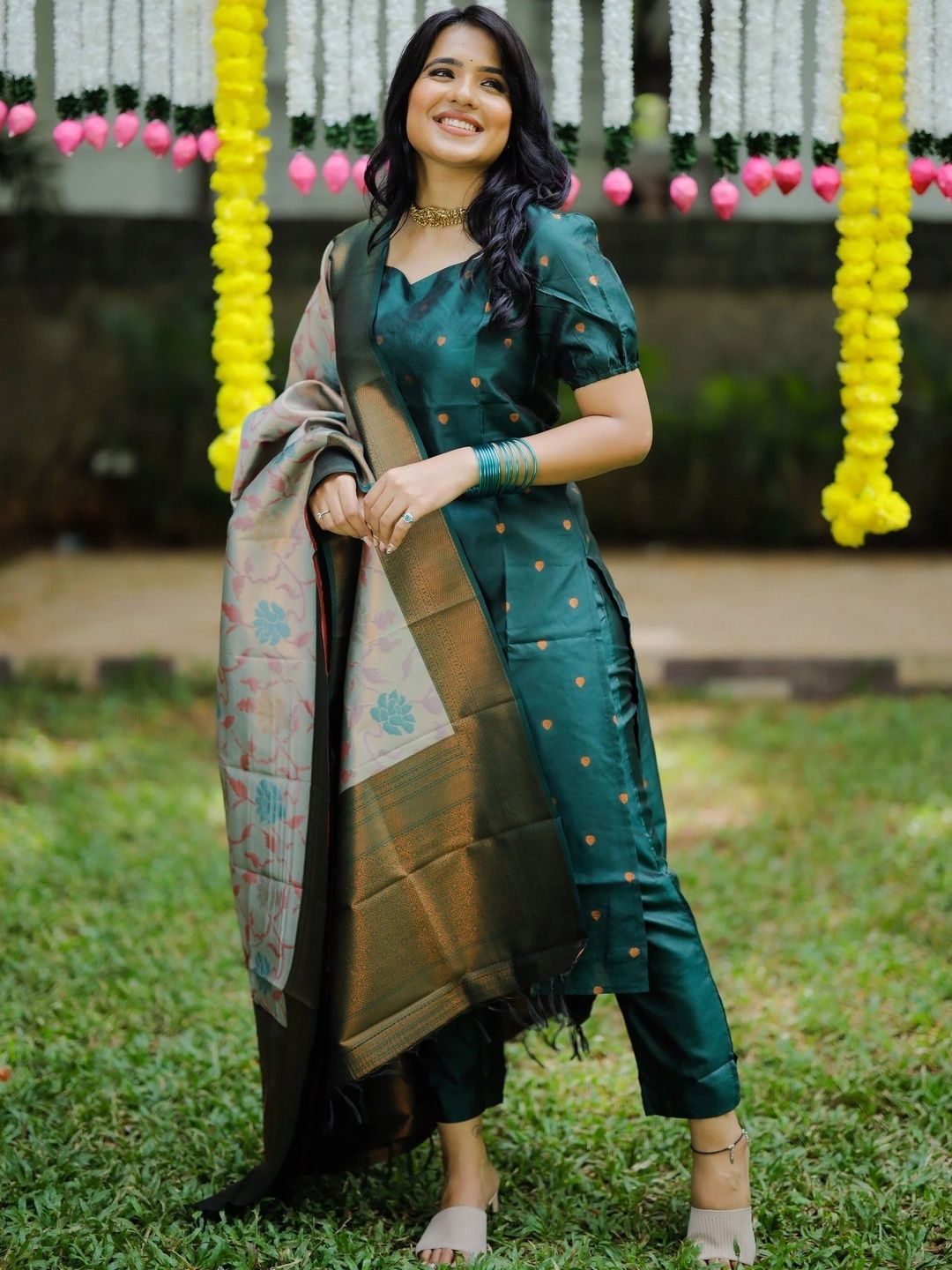AG TEXTILE Women Ethnic Motifs Printed Regular Chanderi Cotton Kurta with Trousers & With Dupatta-image-12