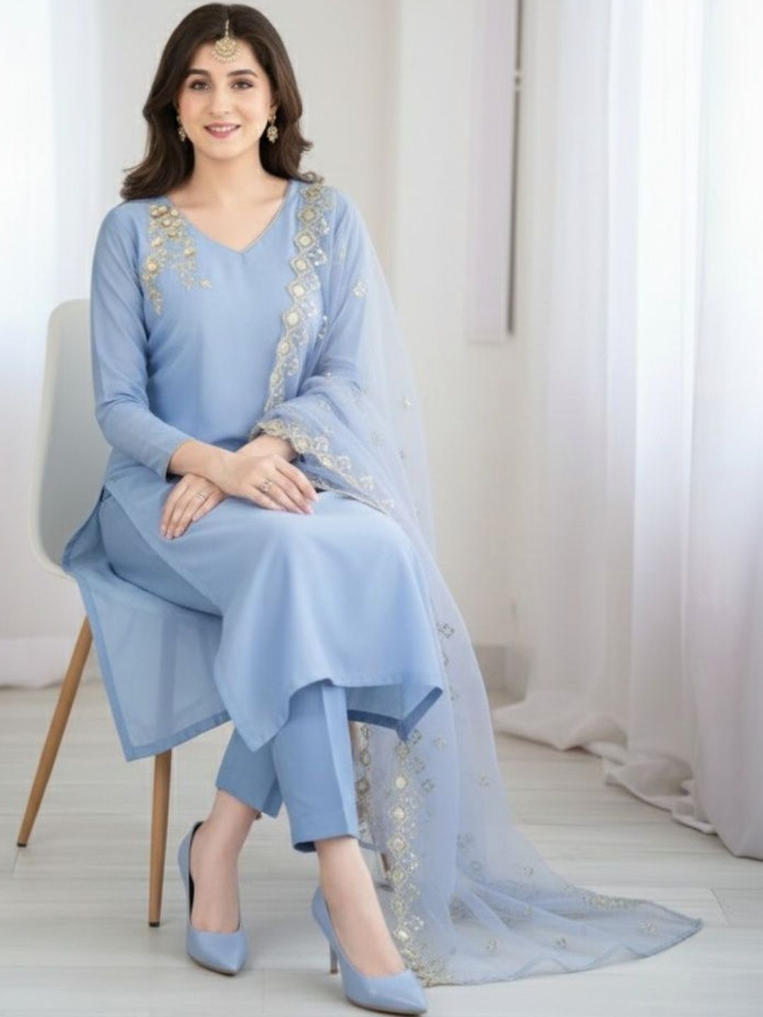 AG TEXTILE Women Ethnic Motifs Embroidered Regular Thread Work Kurta with Trousers & With Dupatta-image-49