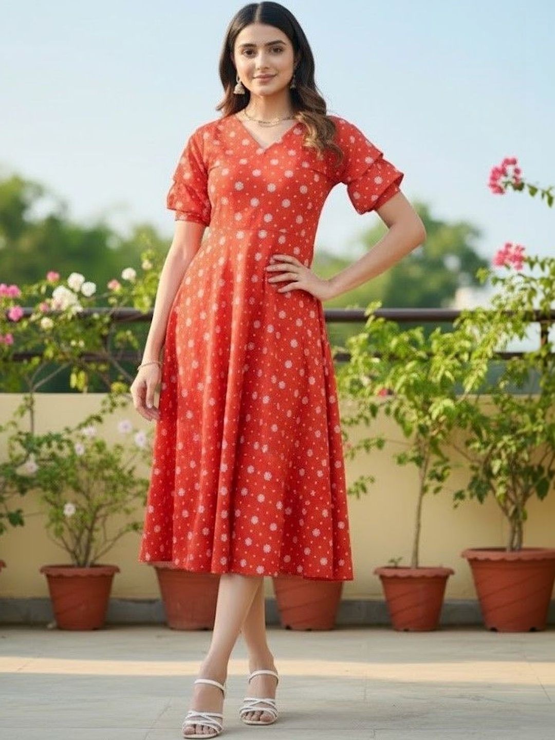 KALINI Polka Dot Print Flared Sleeve Fit & Flare Midi Dress-picture-35