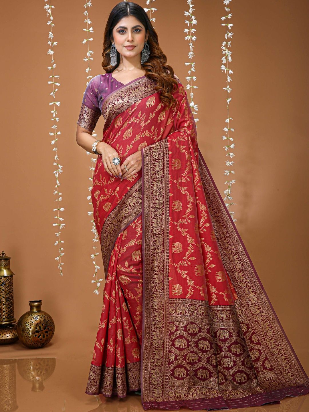 HERE&NOW Ethnic Motifs Zari Silk Blend Handloom Kanjeevaram Saree-picture-26