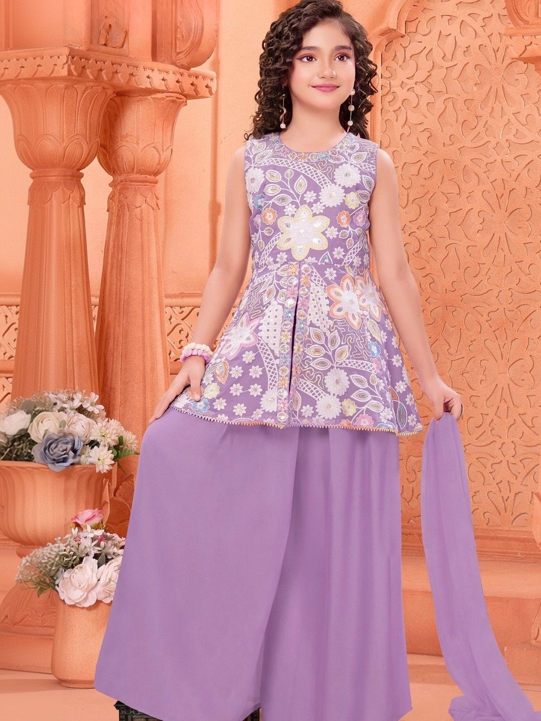 Lagorii Girls Floral Printed Sequinned Kurti with Palazzos & With Dupatta-picture-11