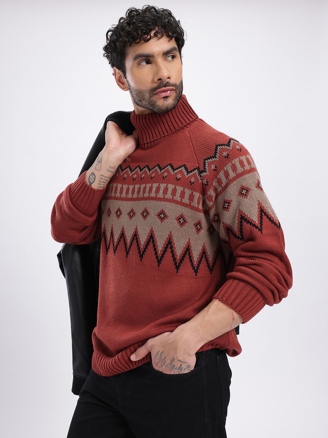 glitchez Geometric Self Design Turtle Neck Relaxed Fit Pullover-picture-37