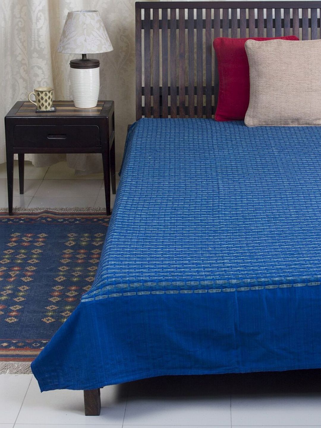 Fabindia Blue Woven Design 120 GSM King Bed Cover-image-29
