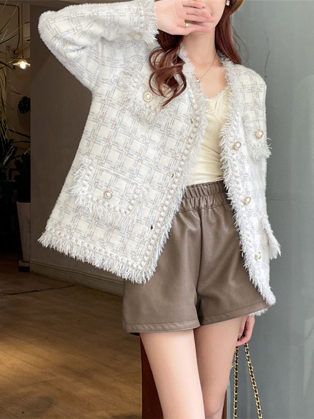 KPOP Women Checked Open Front Jacket with Embroidered-picture-34