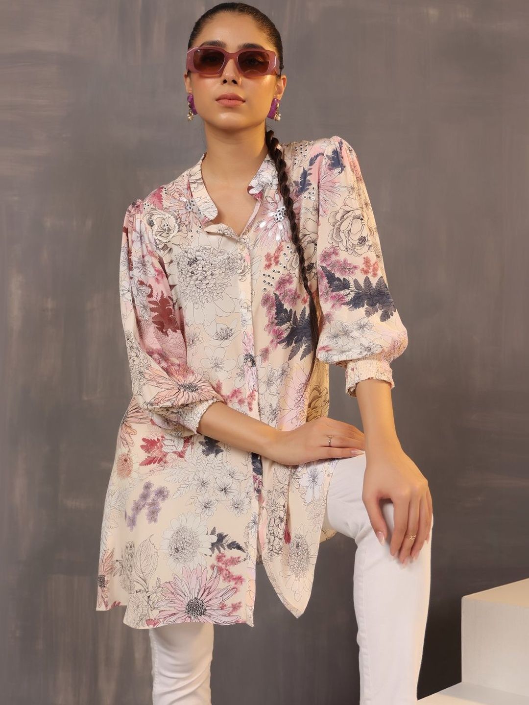 NILIMA CREATIONS Floral Print Mandarin Collar Top-picture-10
