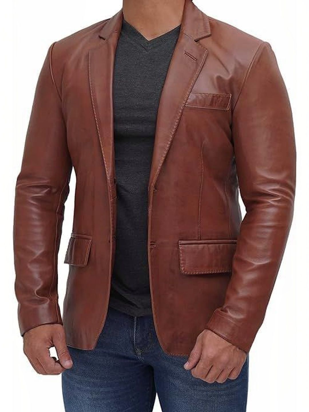 Ompraksh Fasion Leather notched lapel collar Open-Front Blazer-picture-20