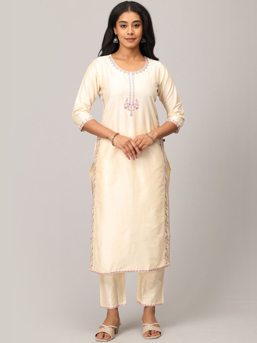 MAKEOVER FASHIONS Women Ethnic Motifs Embroidered Regular Thread Work Dupion Silk Kurta with Trousers & With-picture-19