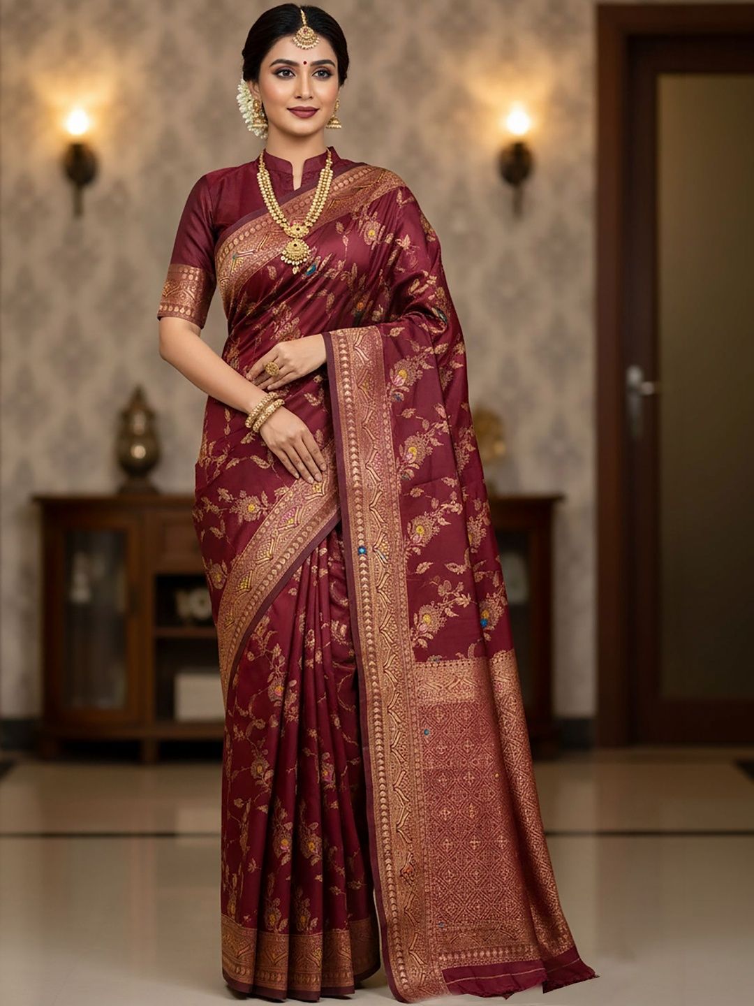 KALINI Floral Zari Silk Blend Handloom Banarasi Saree-picture-21