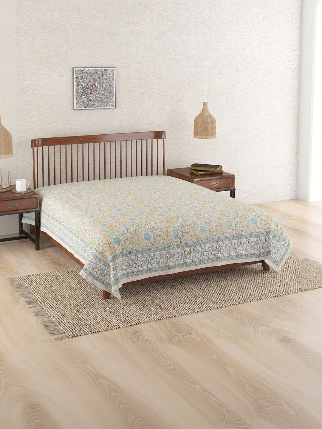 Fabindia Beige & Blue Printed 120 GSM King Bed Cover-picture-32