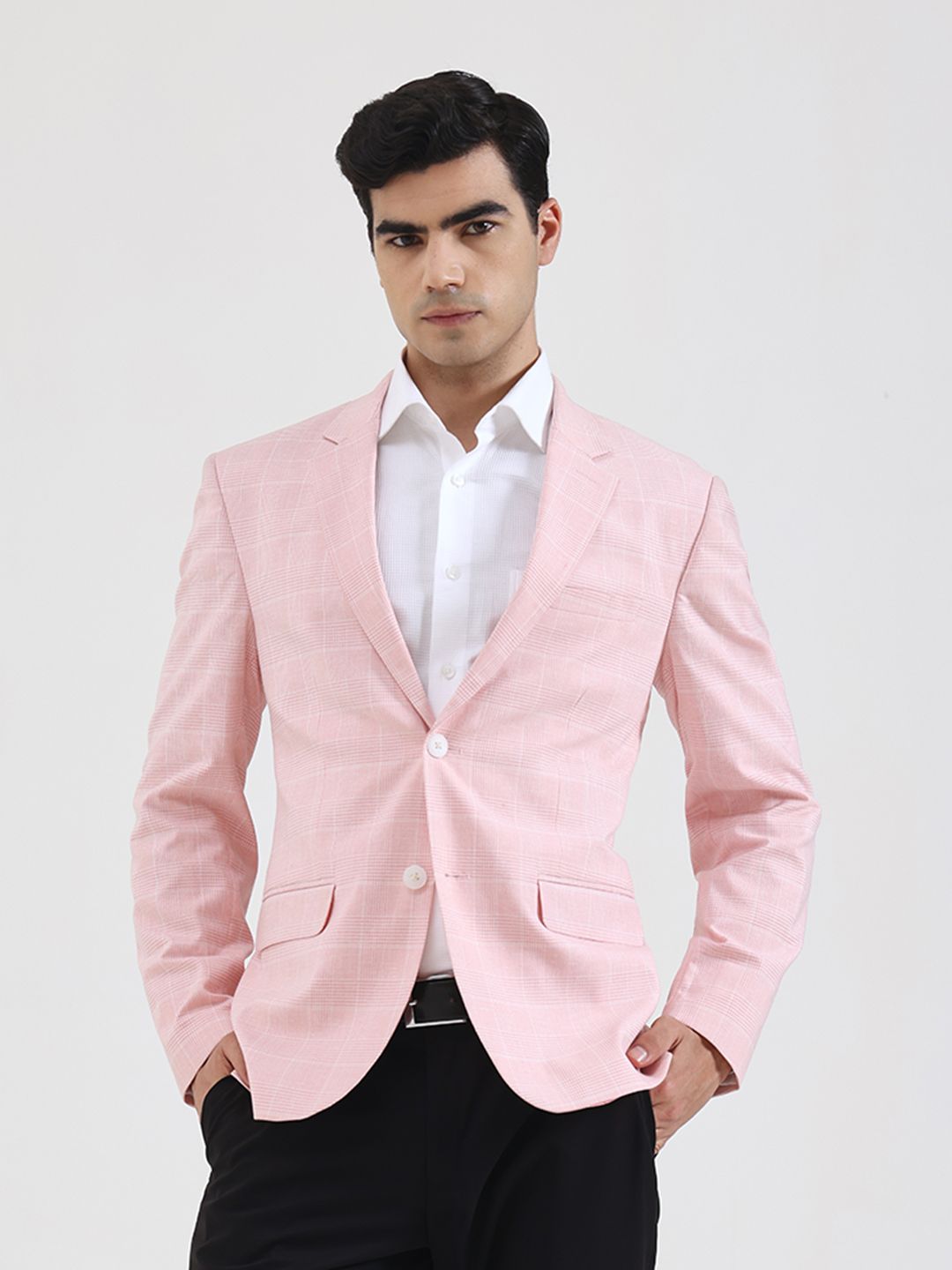 JB Studio Men Pink Checked Regular Fit Blazer-image-33
