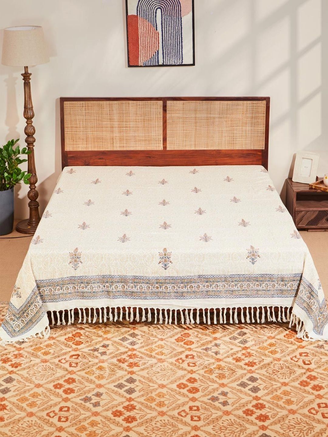 Fabindia Off-White & Blue Printed 120 GSM King Bed Cover-picture-36