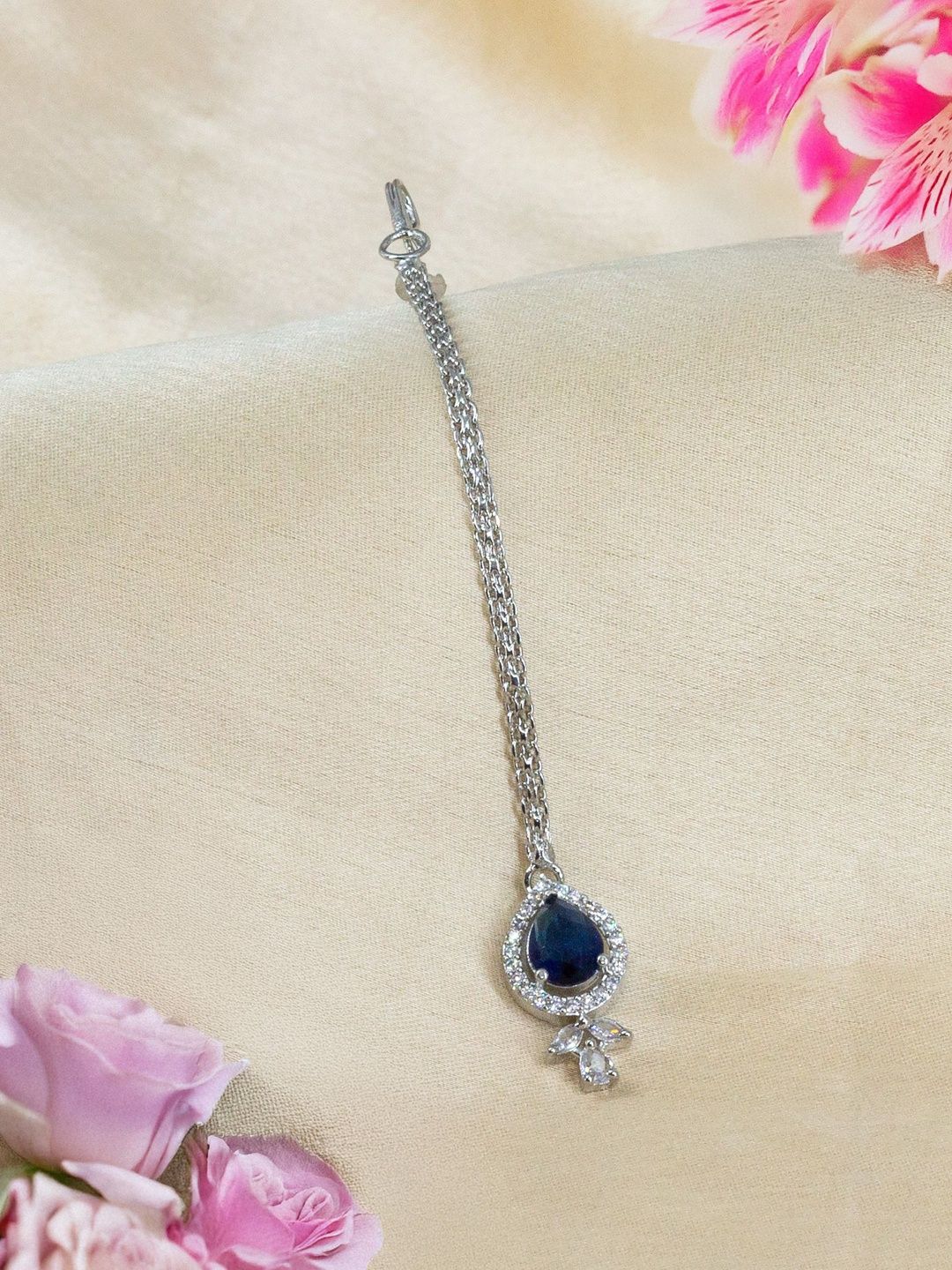 PRIVIU Silver-Plated American Diamond Studded Maang Tikka Head Jewellery-picture-17