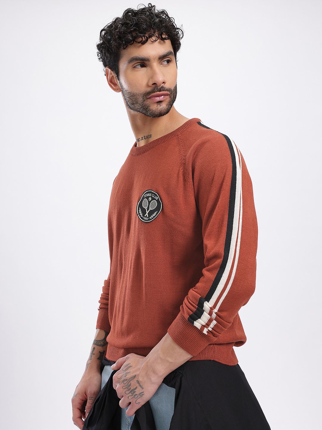glitchez Round Neck Side Striped Raglan Sleeves Pullover with Patchwork Detail-picture-35
