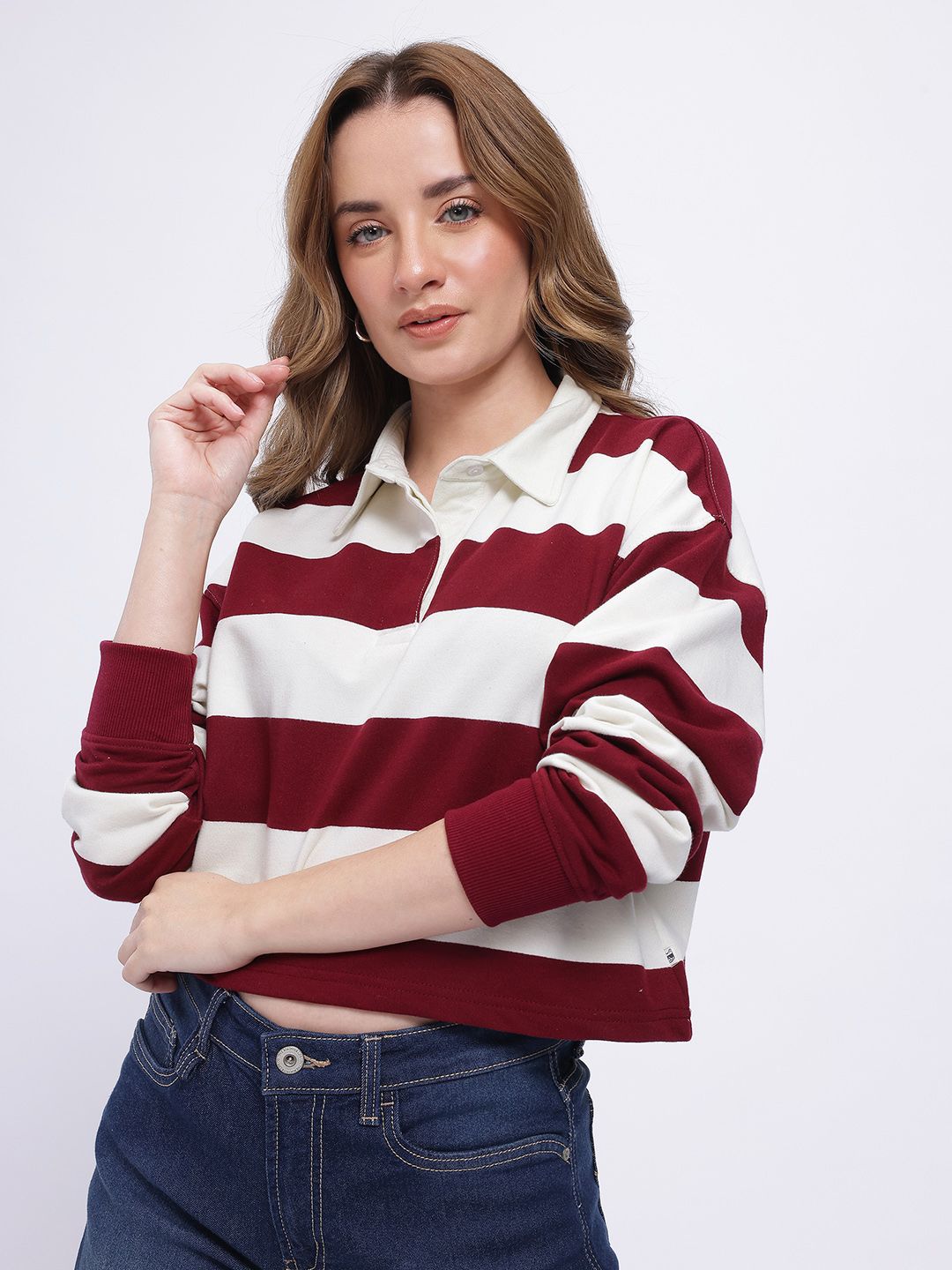 glitchez Striped Shirt Collar Drop Shoulder Sleeves Oversized Crop Pullover-picture-48