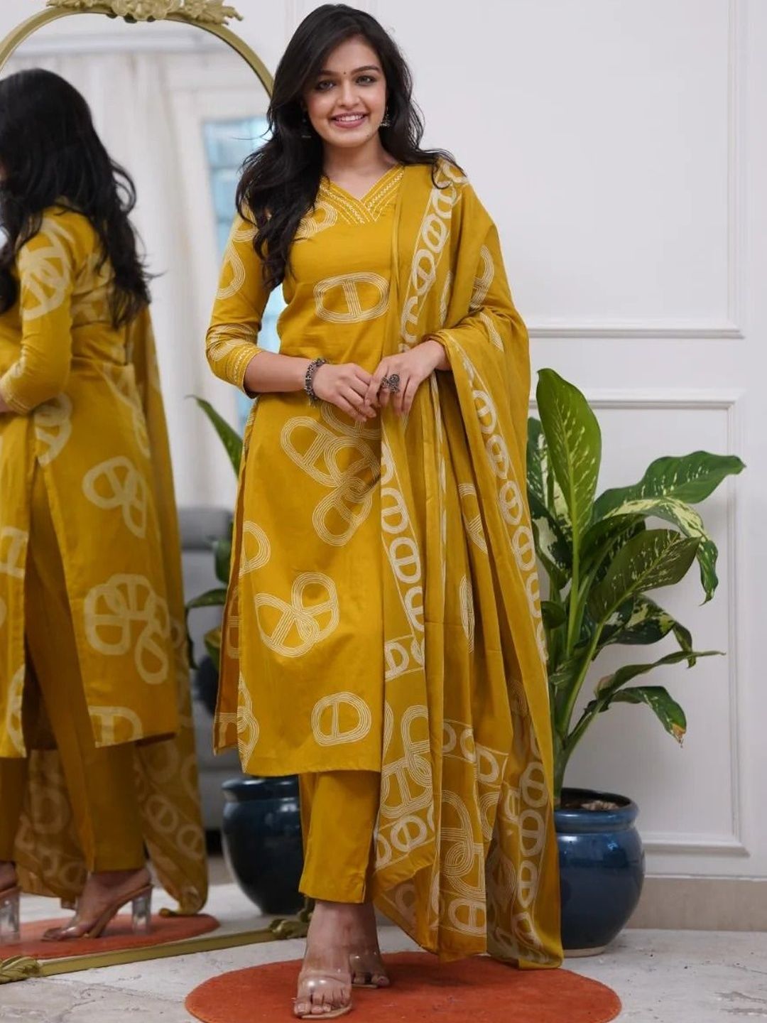 JISHNAM Women Printed Regular Thread Work Chanderi Silk Kurta with Trousers & With Dupatta-picture-21