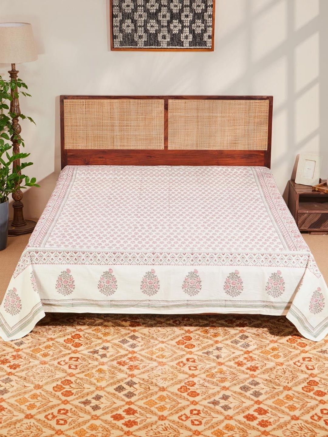 Fabindia Off-White & Pink Printed 120 GSM Queen Bed Cover-picture-12
