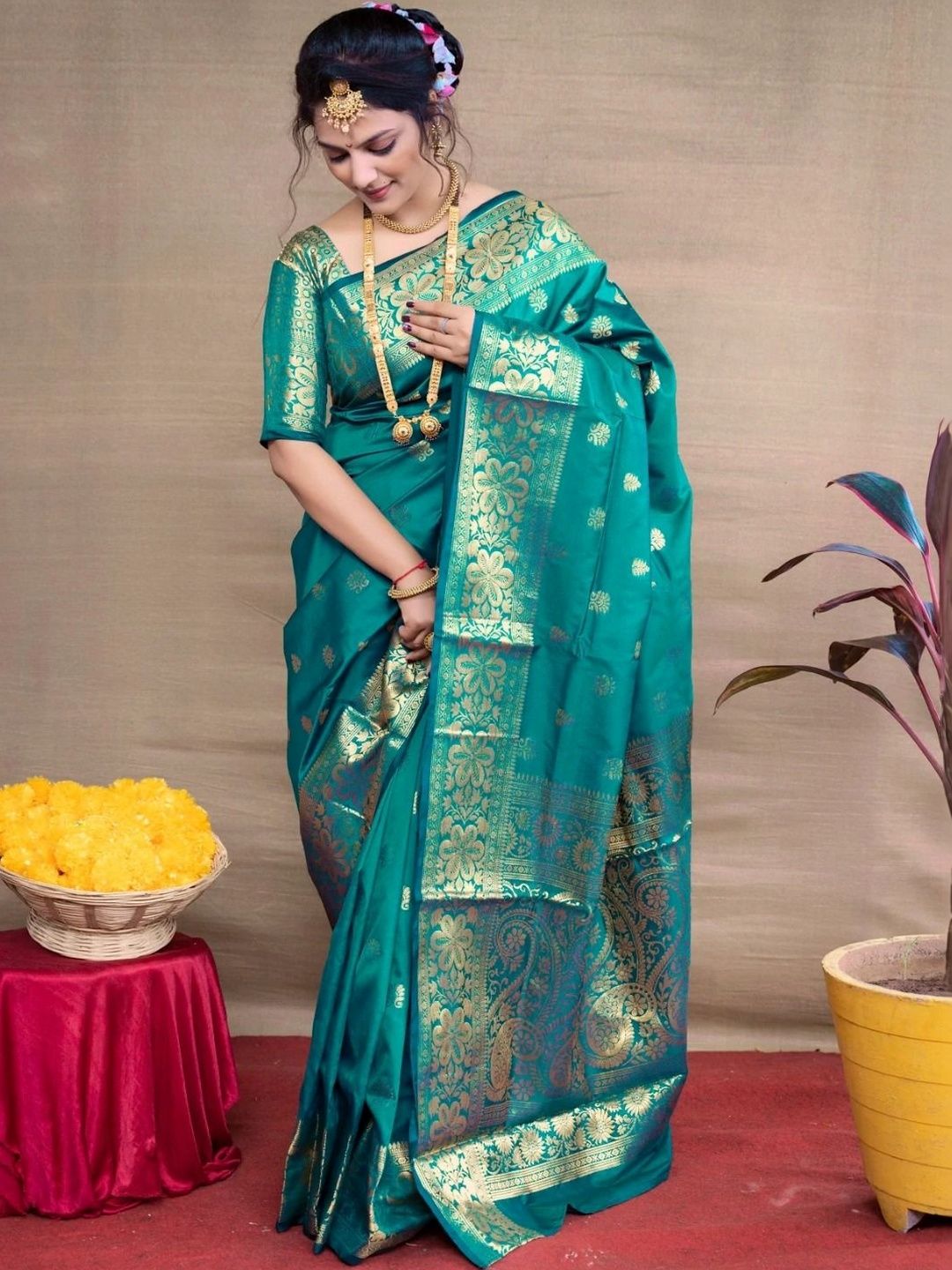 WOMEN ELEGENCE Ethnic Motifs Zari Art Silk Banarasi Saree-picture-30