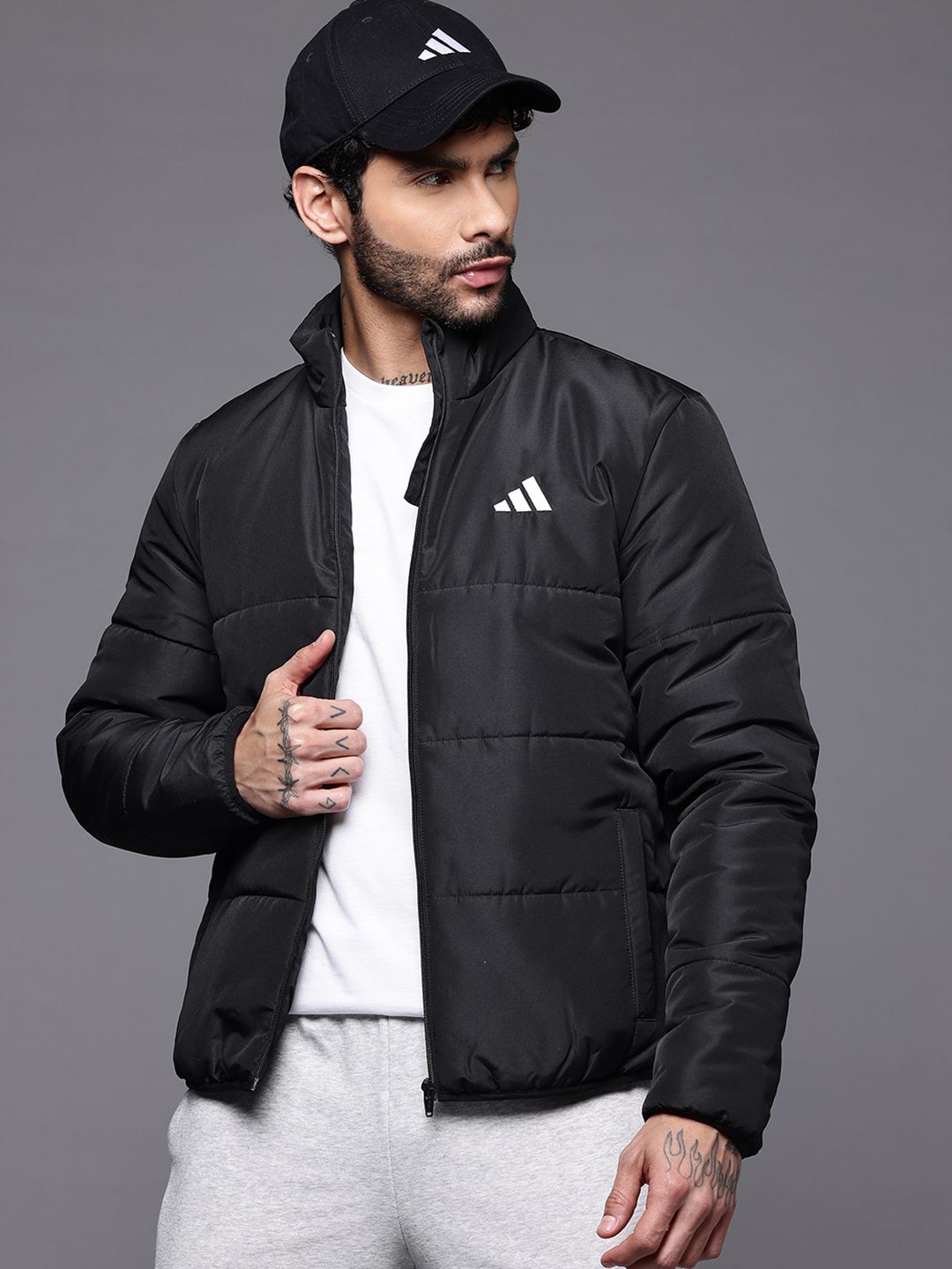 ADIDAS Brand Logo Printed mock Collar Puffer Jacket-image-31