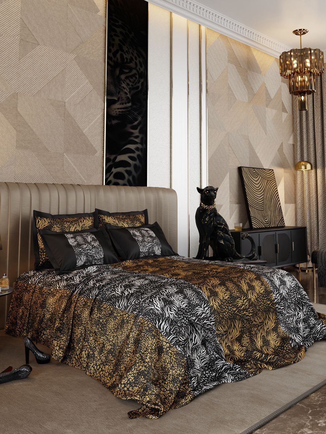 Stoa Paris Black & Yellow 300 TC Bedsheet with 4 Pillow Covers-image-30
