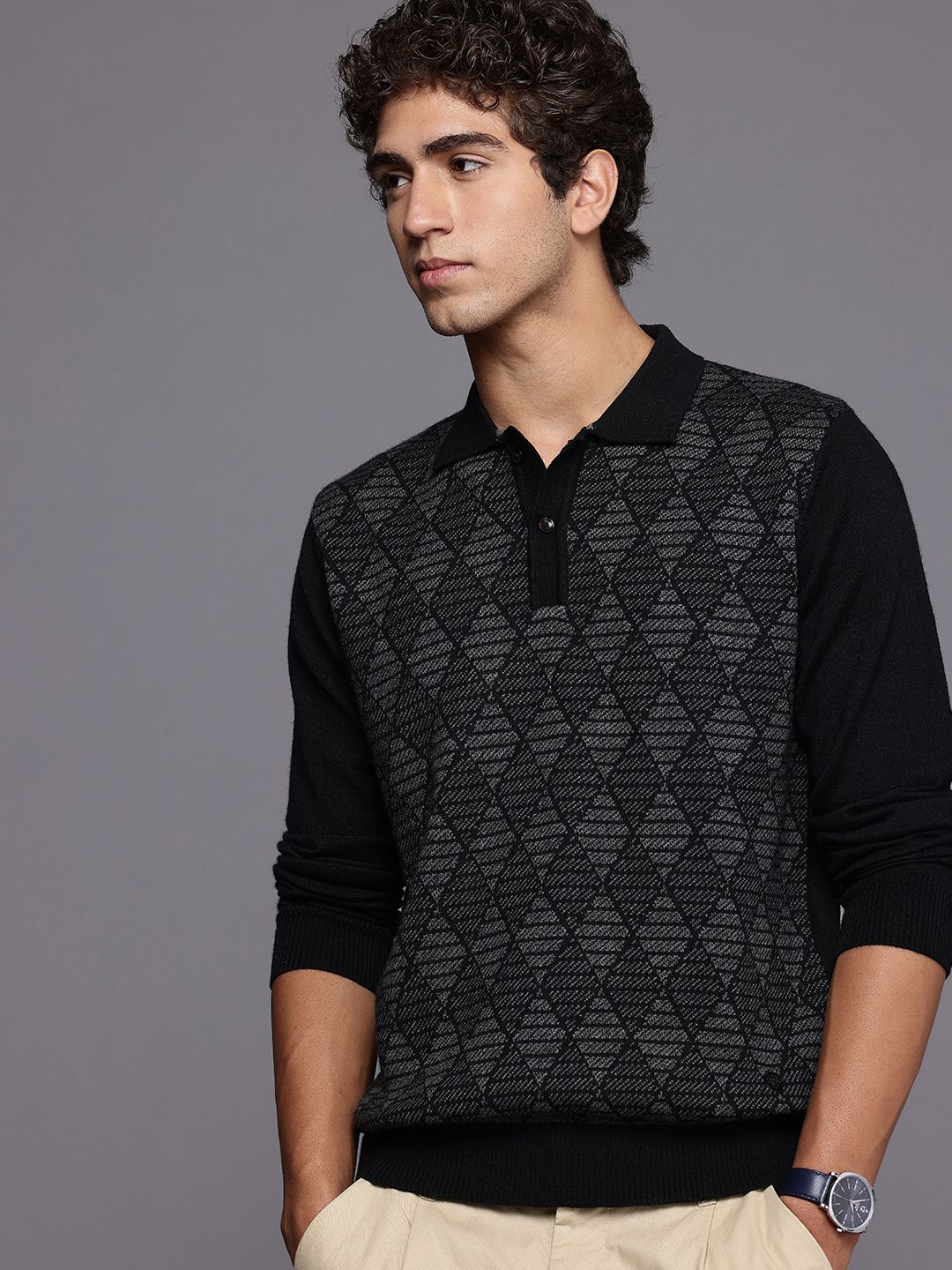 Raymond Self Design Geometric Shirt Collar Pullover Sweater-picture-30