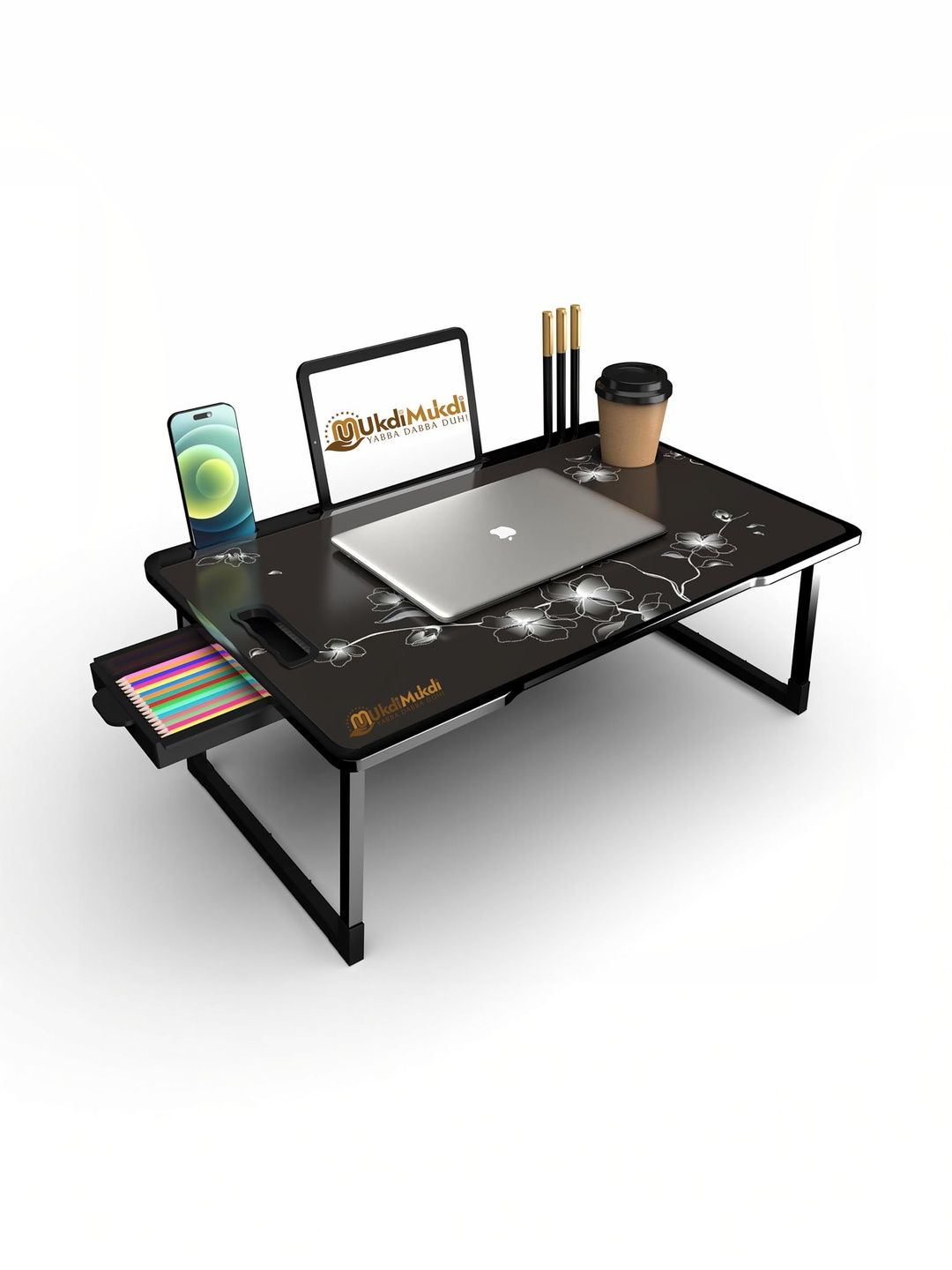 UKDI MUKDI Black Printed Foldable & Portable Laptop Table with Cup Holder-picture-14