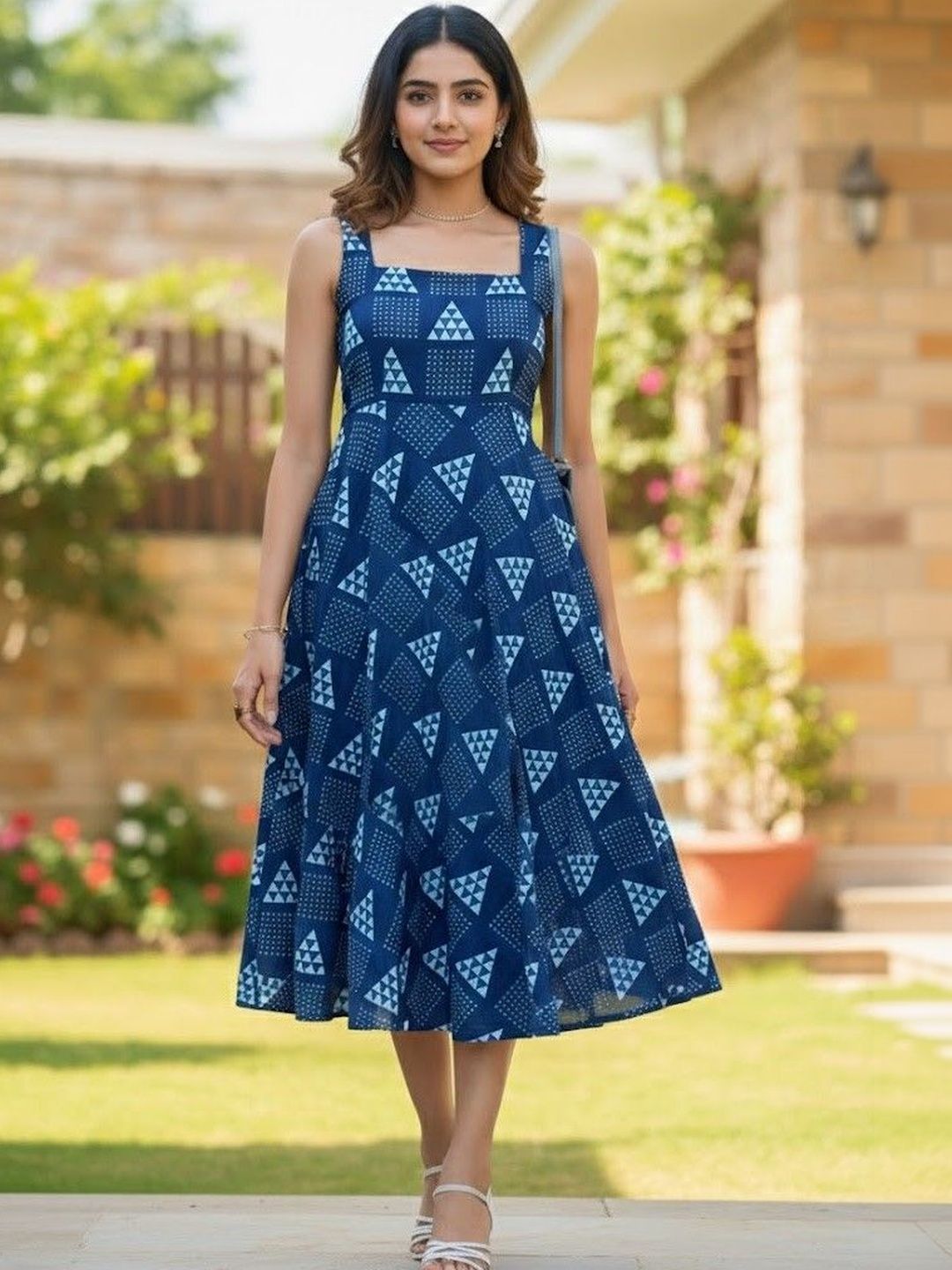 SZN Women Blue Geometric Print Fit & Flare Cotton Dress-picture-47