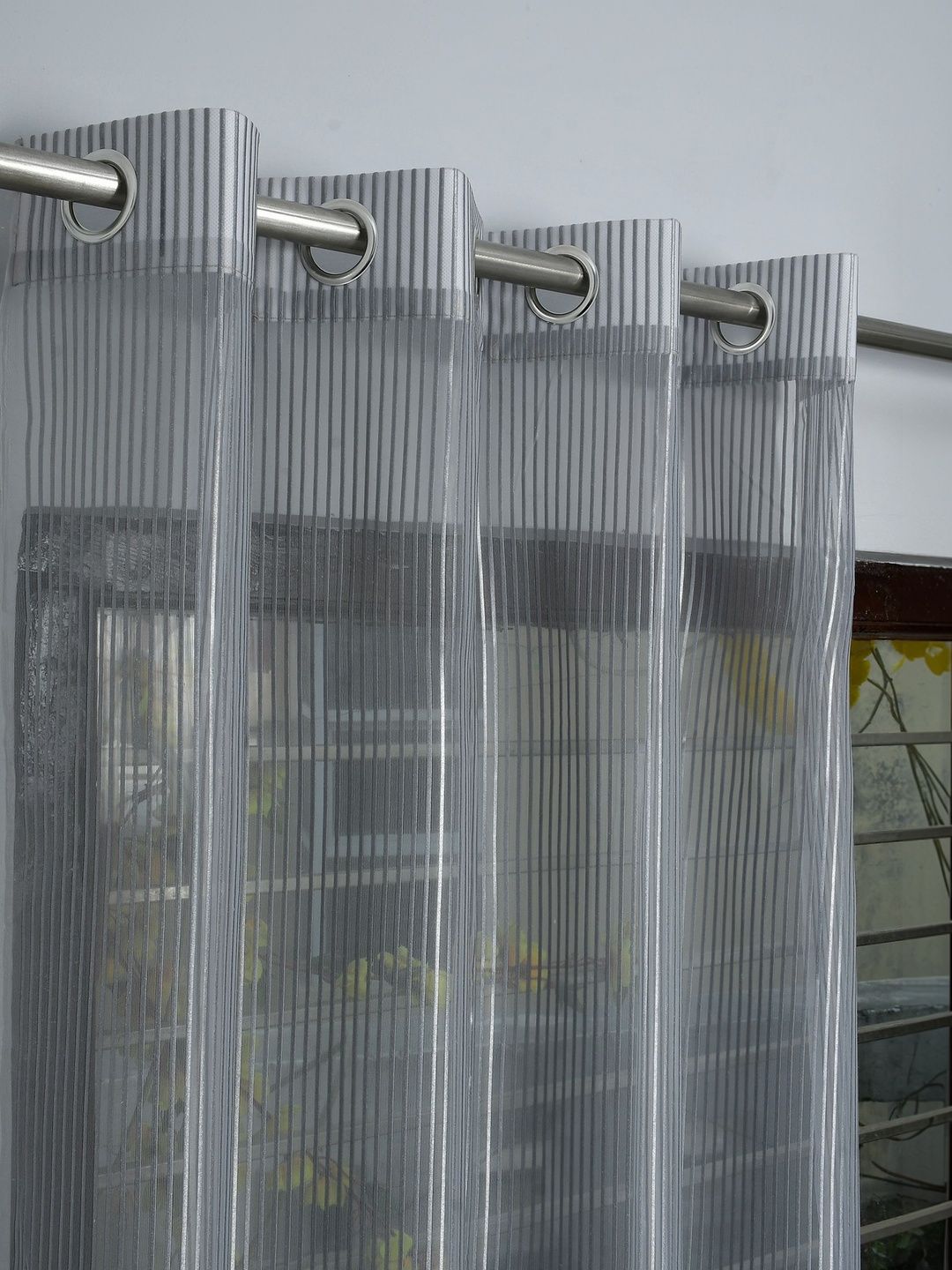 GEET CREATIONS Grey Set of 2 Striped Sheer Window Curtain-picture-21