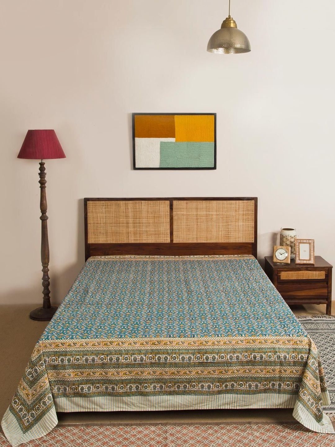 Fabindia Teal Blue & Yellow Printed 120 GSM Queen Bed Cover-image-10