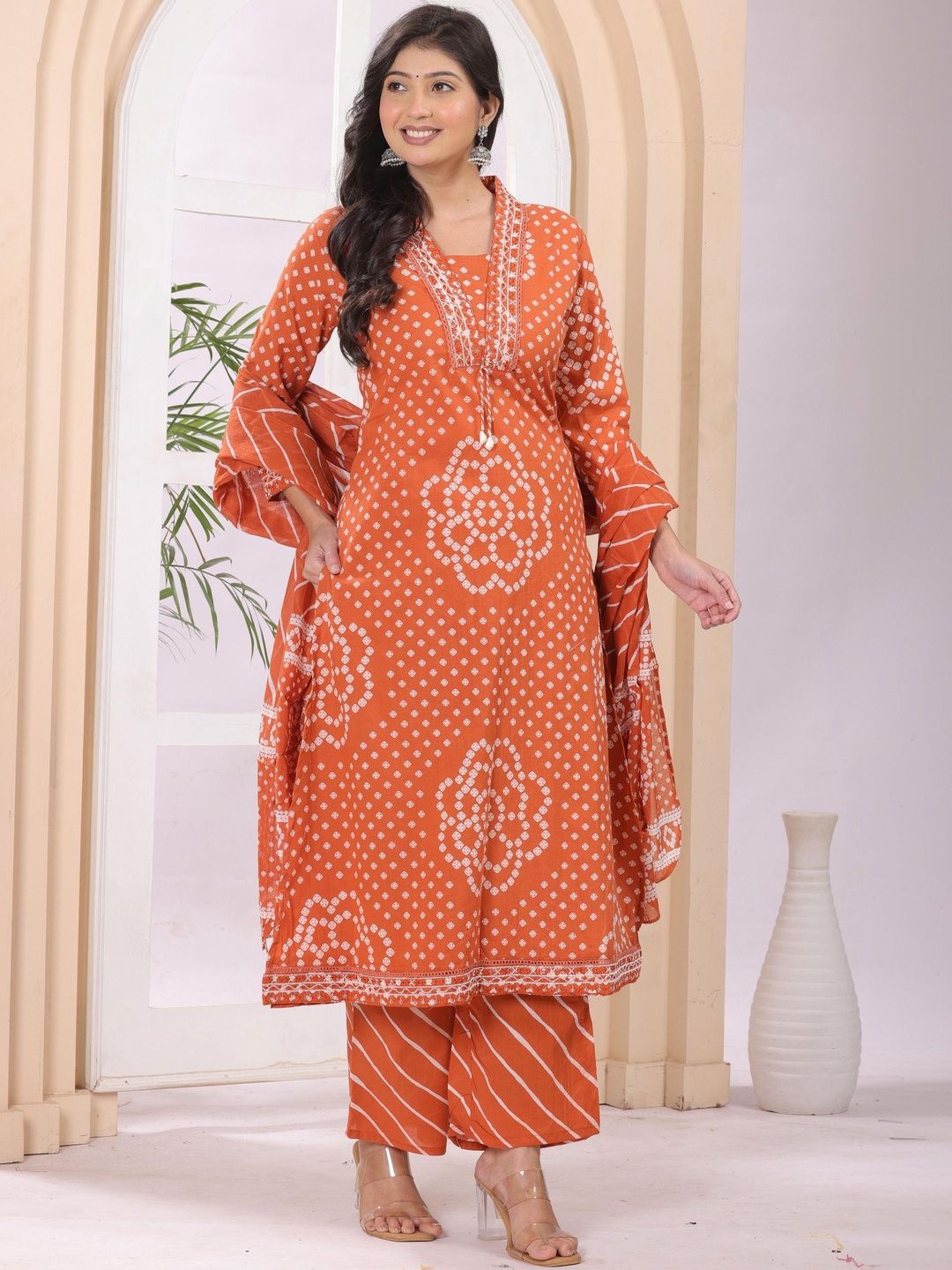 GULABI LEAF Women Bandhani Printed Regular Thread Work Pure Cotton Kurta with Palazzos & With Dupatta-picture-40