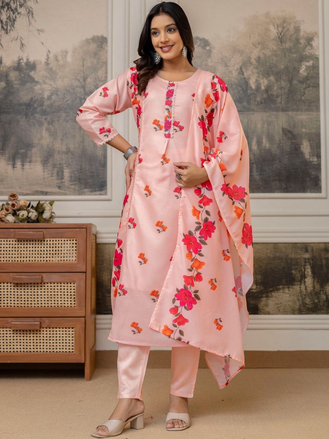 Brand Hill Women Floral Printed Regular Pure Cotton Kurta with Trousers & With Dupatta-picture-24