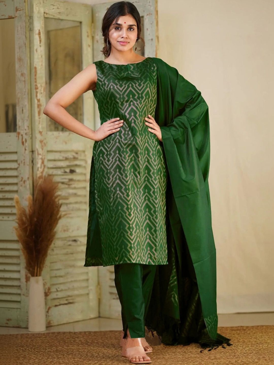 AG TEXTILE Women Regular Chanderi Cotton Kurta with Trousers & With Dupatta-image-44