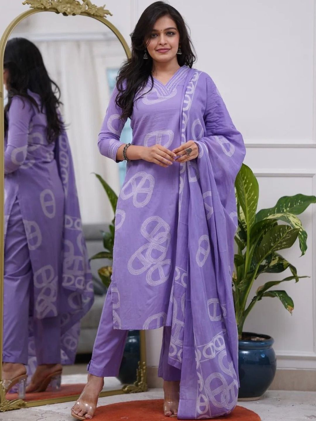 JISHNAM Women Printed Regular Chanderi Silk Kurta with Trousers & With Dupatta-picture-16