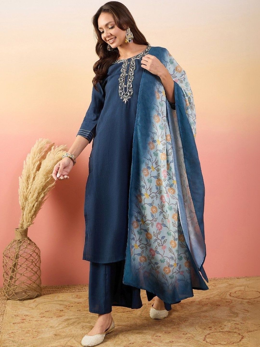 BNF Women Floral Embroidered Regular Thread Work Kurta with Palazzos & With Dupatta-picture-29