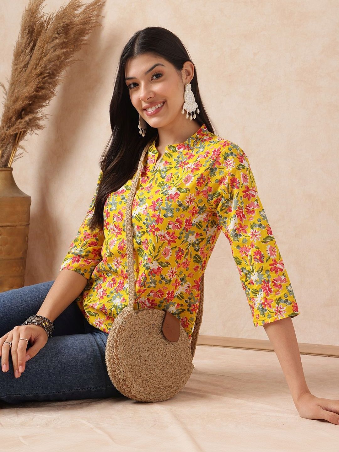 varun handicraft Yellow Floral Print V-Neck Cotton Top-picture-13