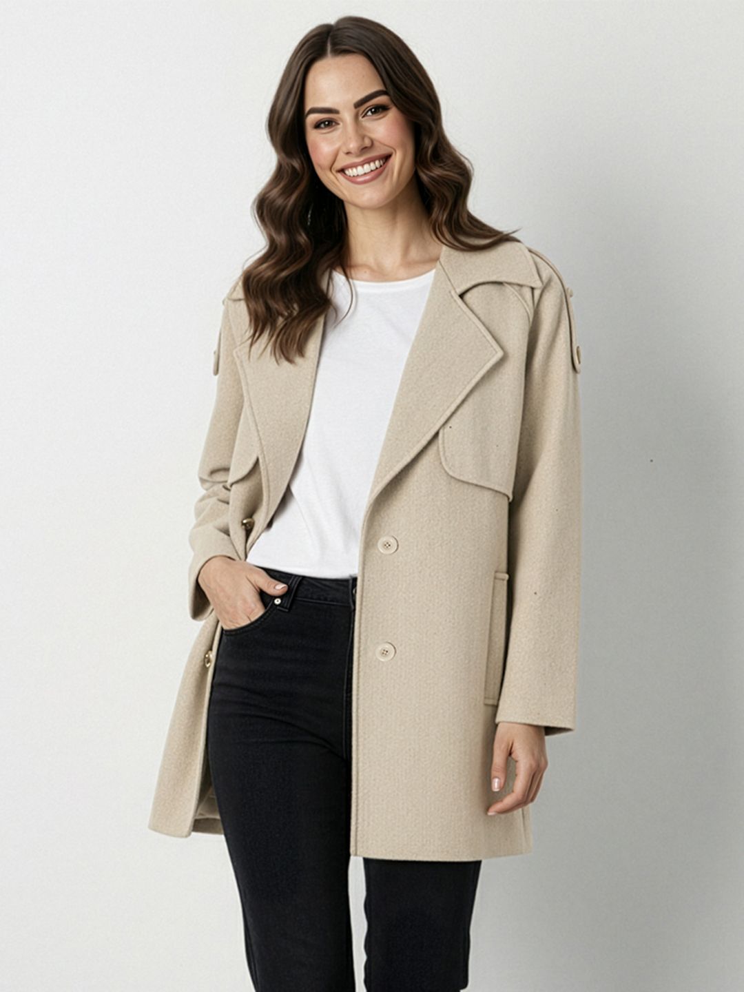 Mast & Harbour Notched Lapel Collar Double-Breasted Herringbone Longline Trench Coat-picture-19
