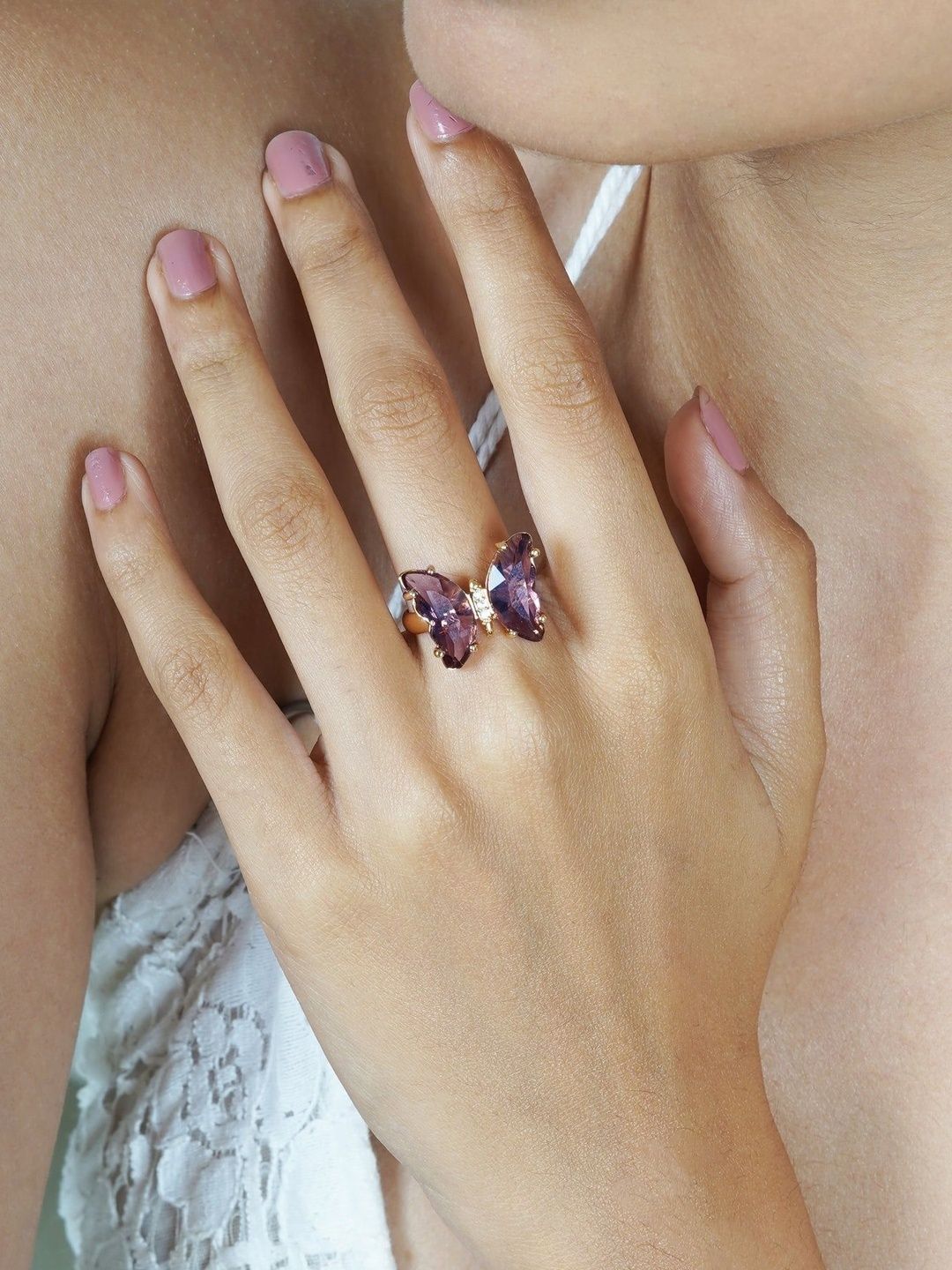 Zaphariq Gold-Plated Crystal Butterfly Stone-Studded Adjustable Finger Ring-picture-31