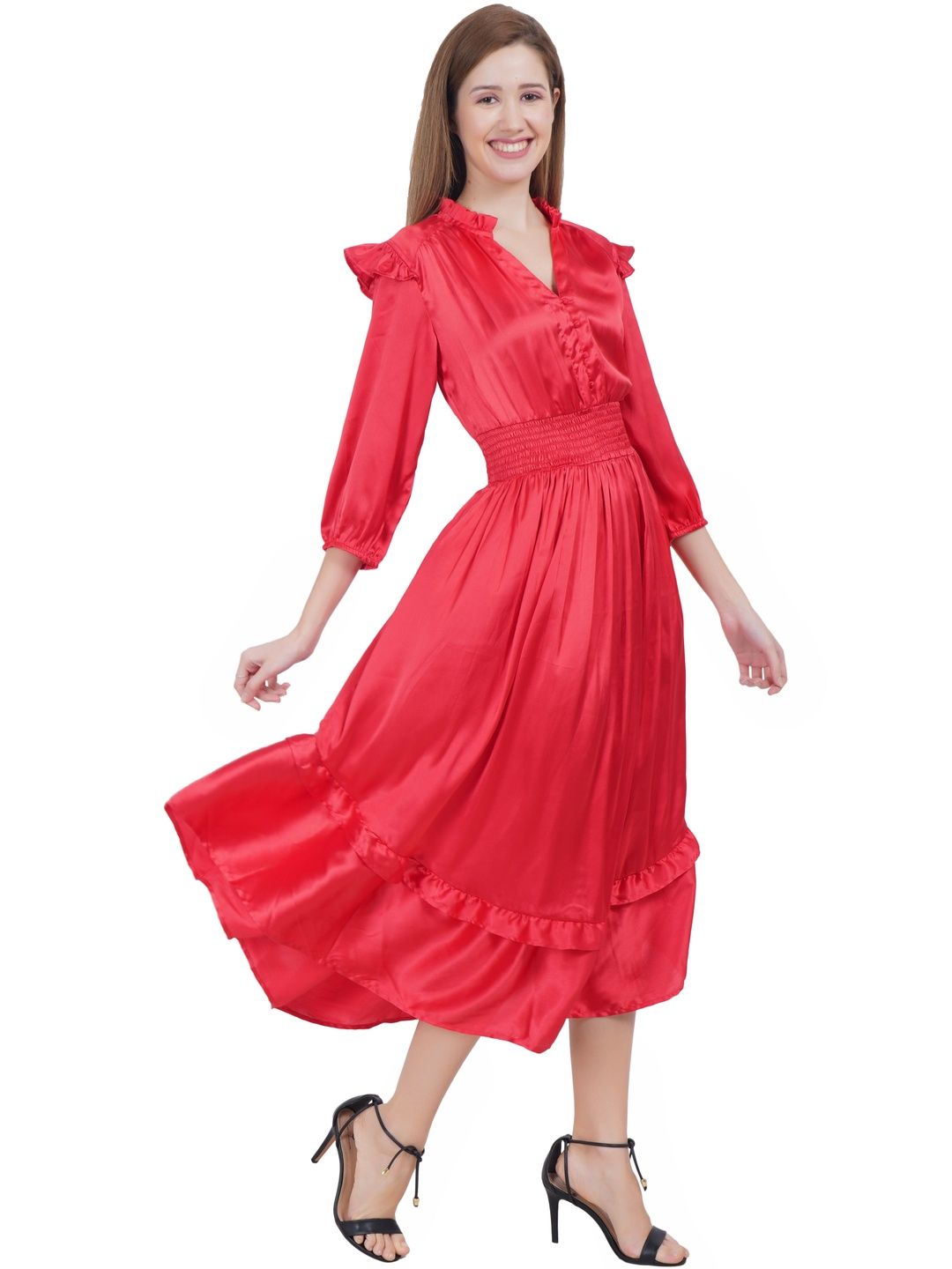 SZN Ruffled PU Coated Satin Fit & Flare Midi Dress-picture-19
