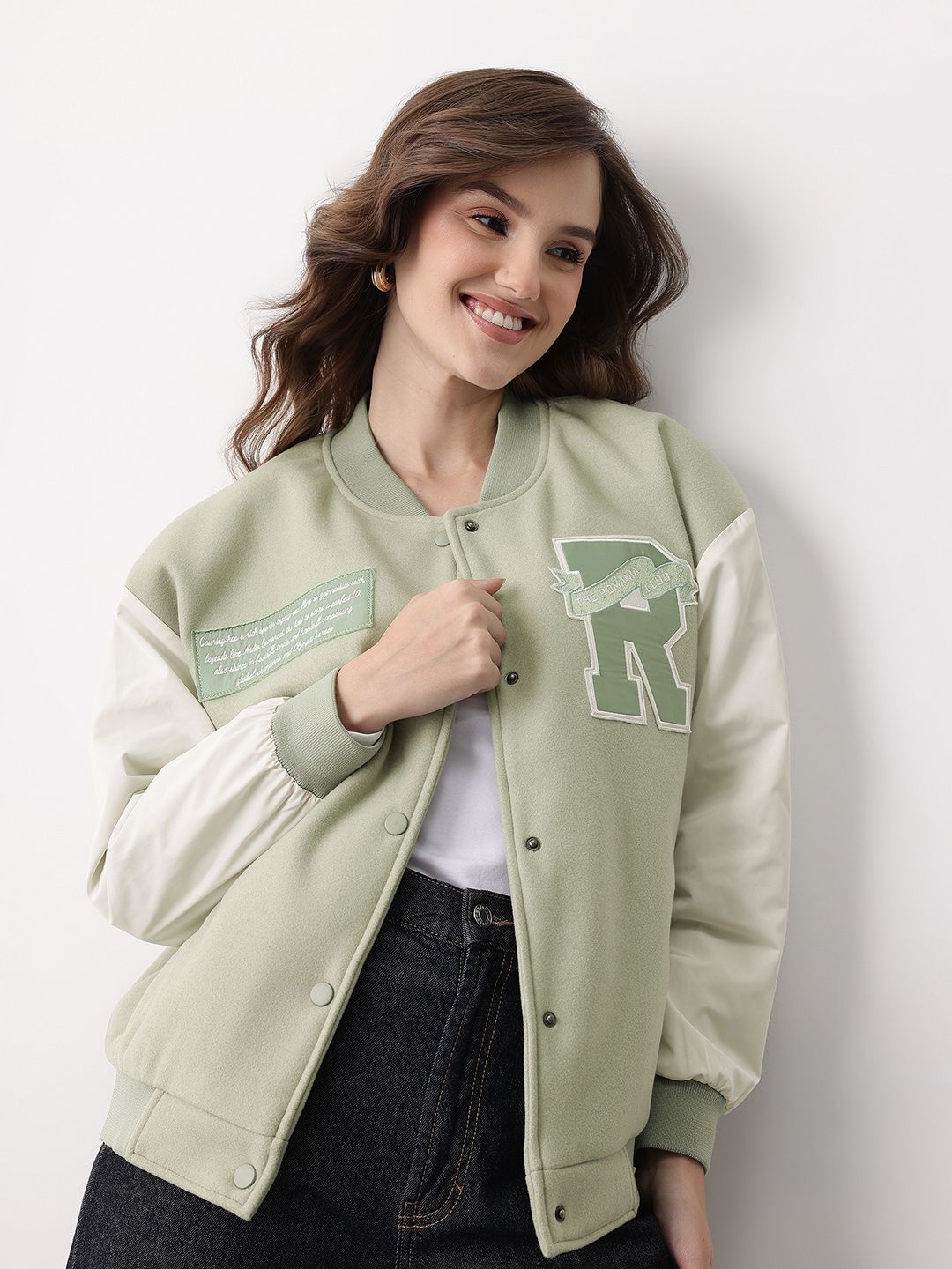 Mast & Harbour Typography Applique Detail Stand Collar Varsity Jacket-picture-35