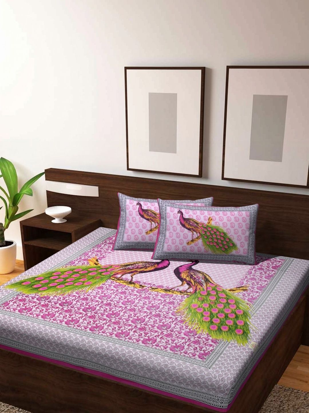 DGSM CRAFT Pink Floral 180 TC King Bedsheet with 2 Pillow Covers-picture-34