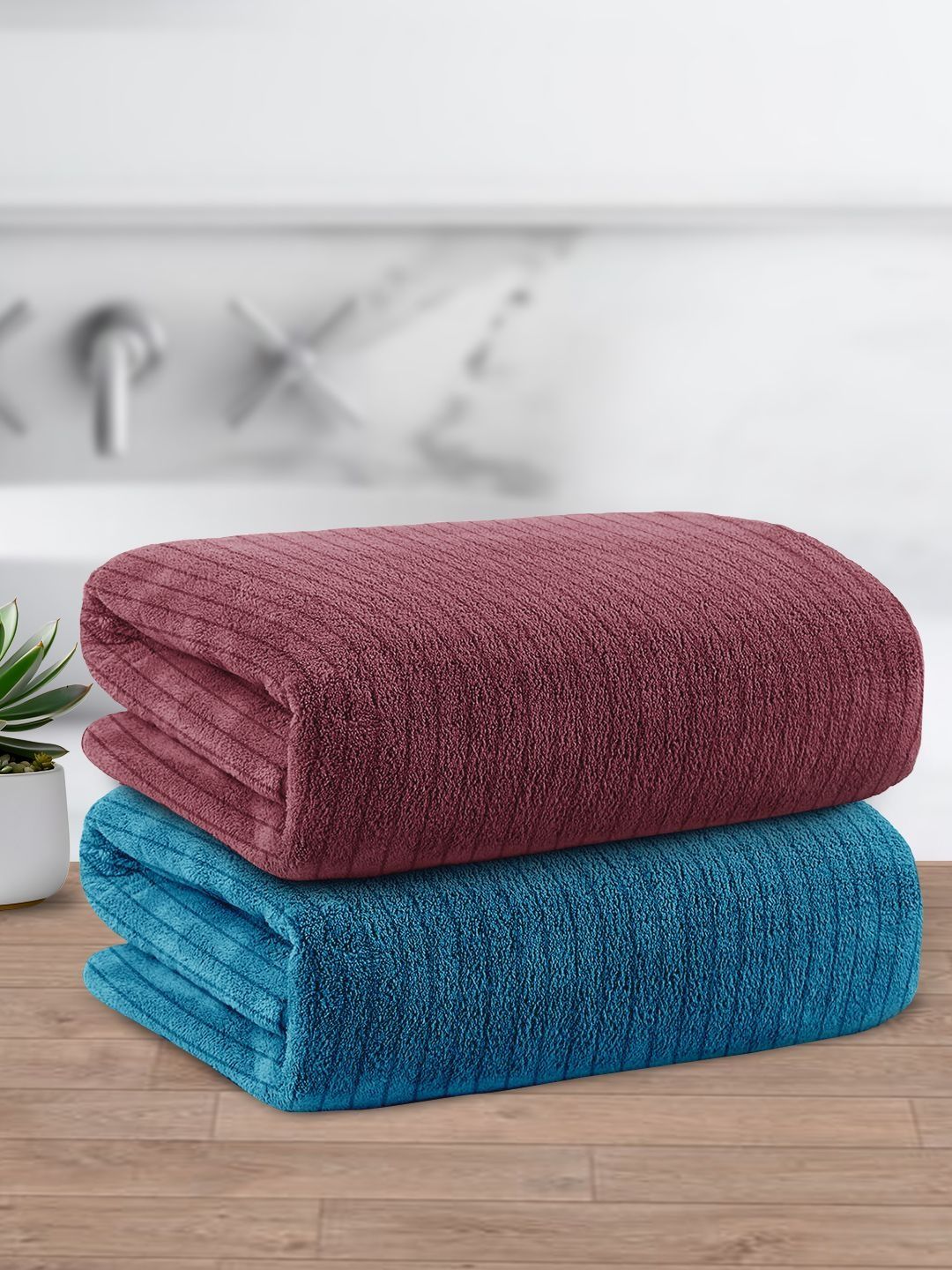 Story@home Pink & Blue 2 Striped 400 GSM Bath Towel-image-15