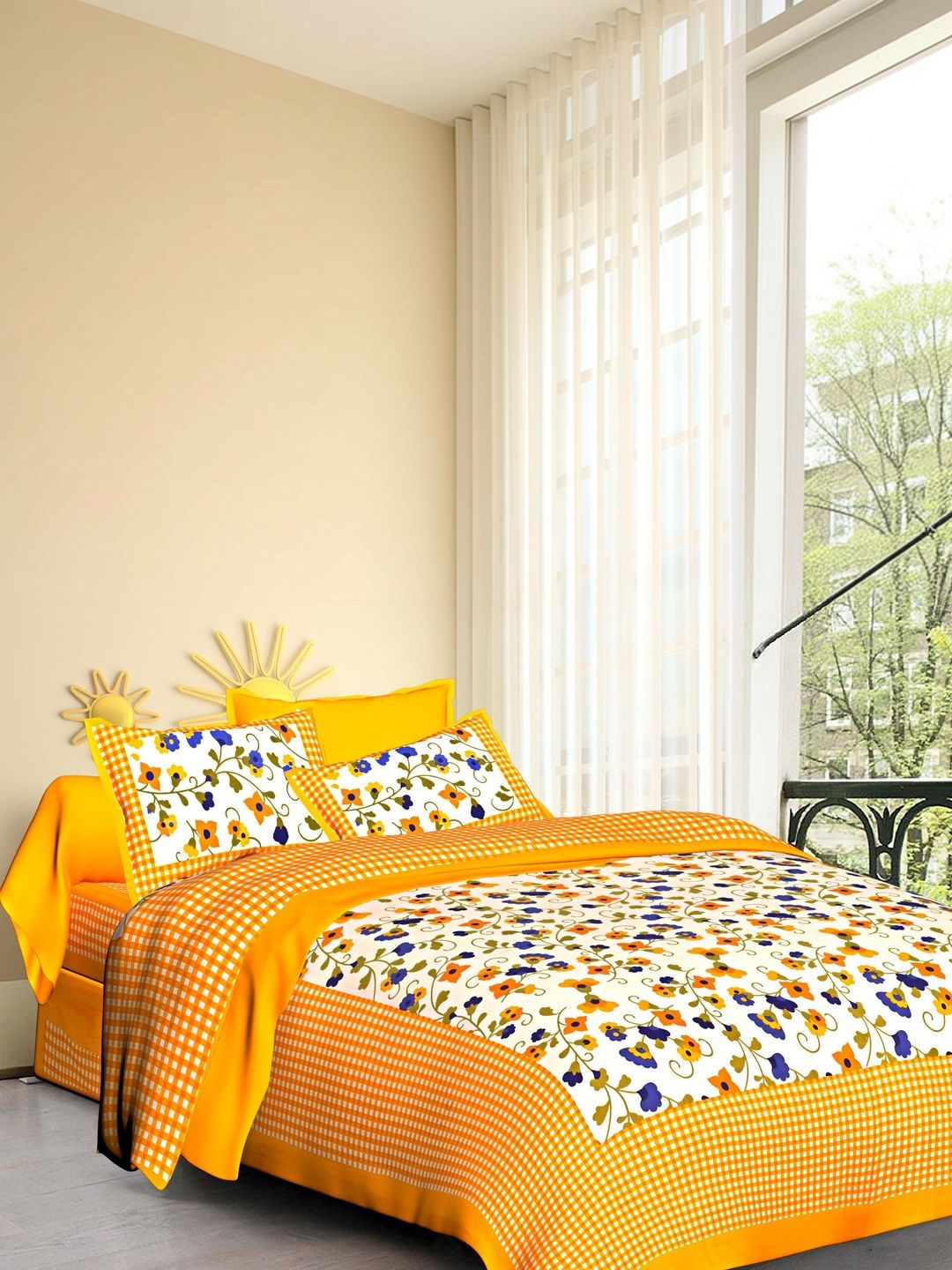 DGSM CRAFT Orange Floral 180 TC King Bedsheet with 2 Pillow Covers-picture-20