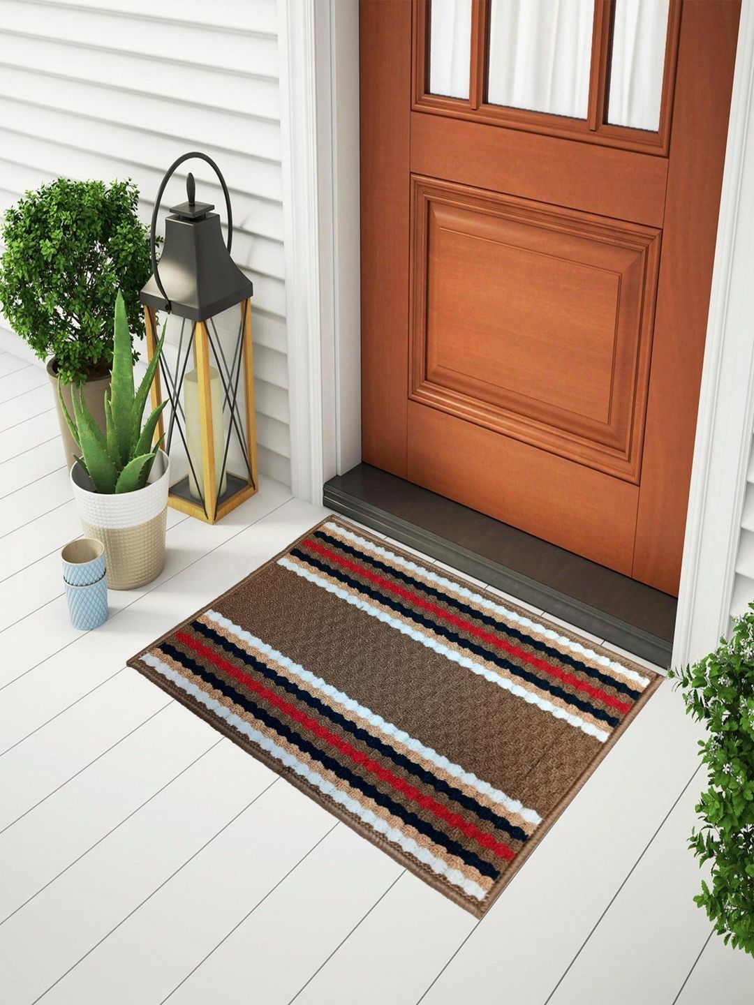 Status Beige & Red Striped Anti-Skid Doormat-image-49