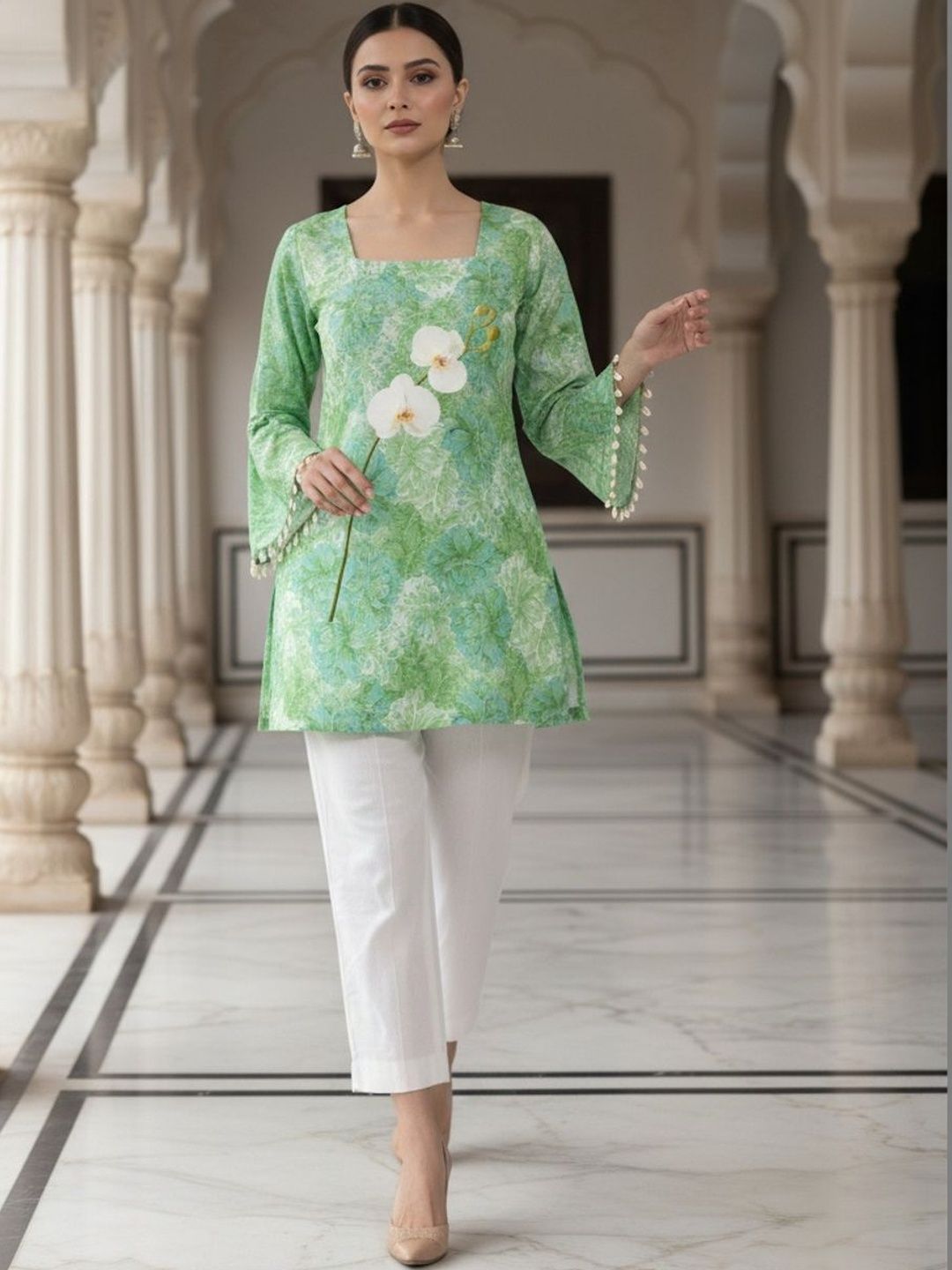 OZIA Floral Printed Square Neck Flared Sleeves Pure Cotton Kurti-picture-10