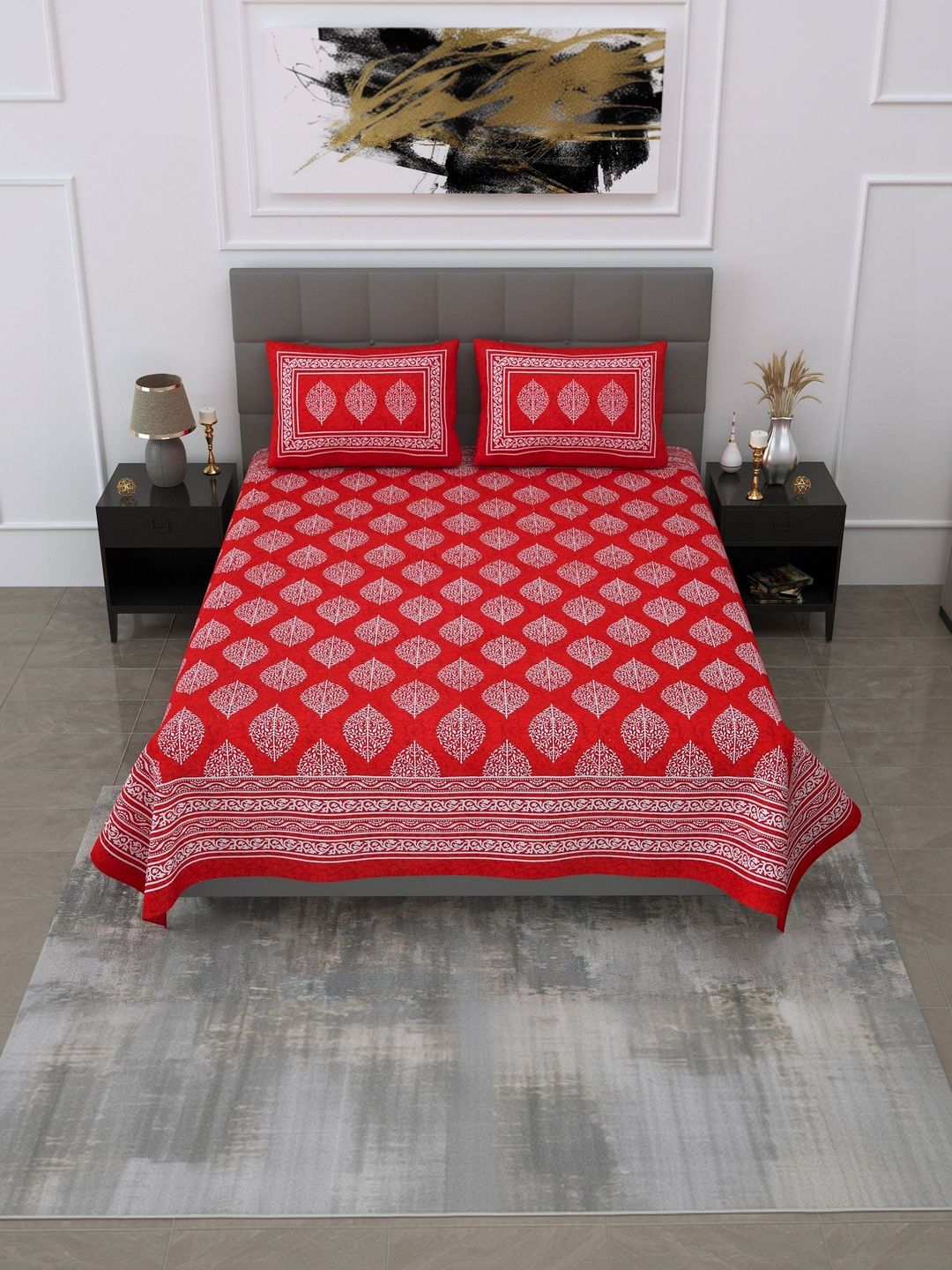 DGSM CRAFT Red Ethnic Motifs 180 TC King Bedsheet with 2 Pillow Covers-picture-32