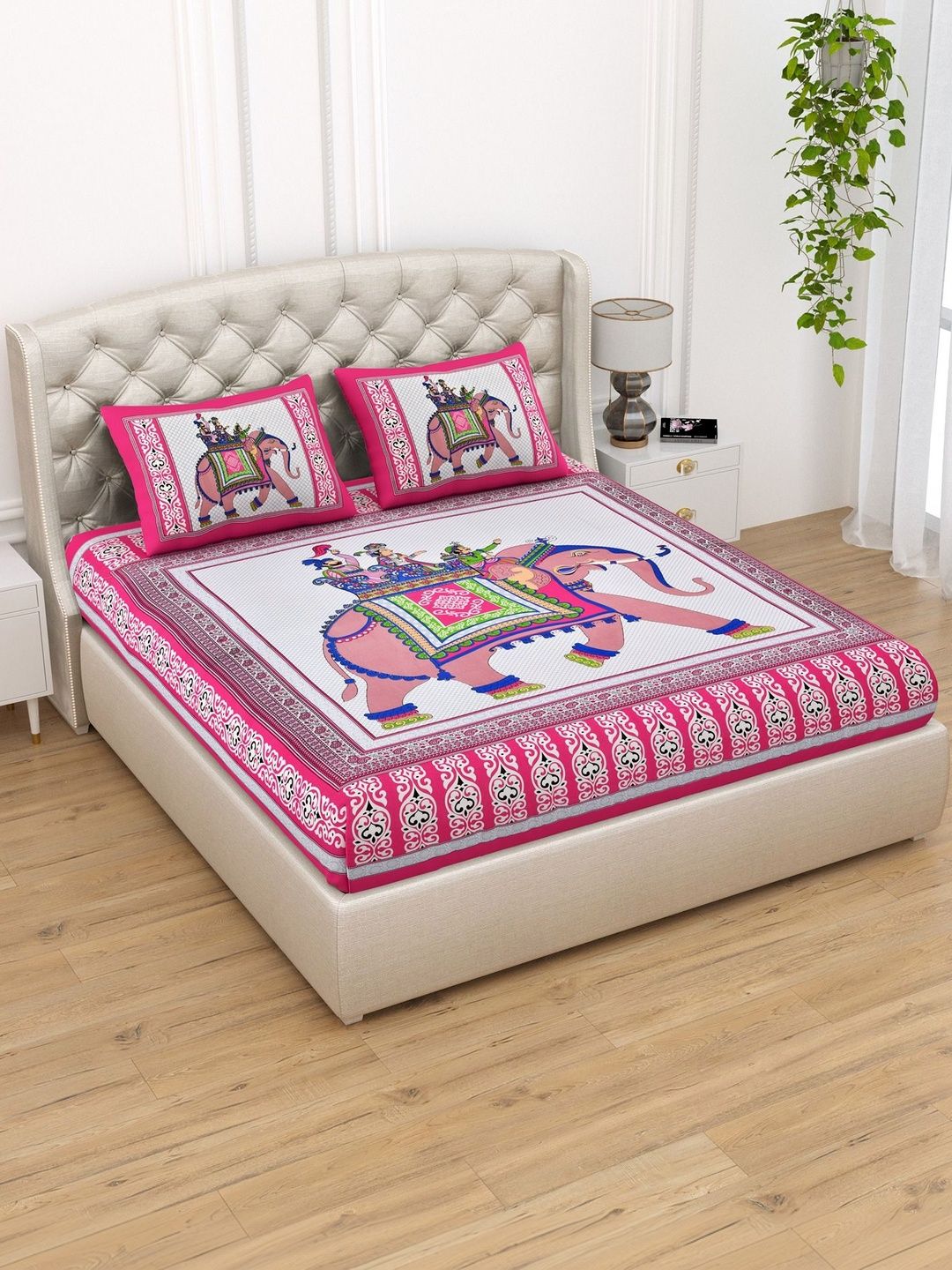 DGSM CRAFT Pink Ethnic Motifs 180 TC Bedsheet with 2 Pillow Covers-picture-30