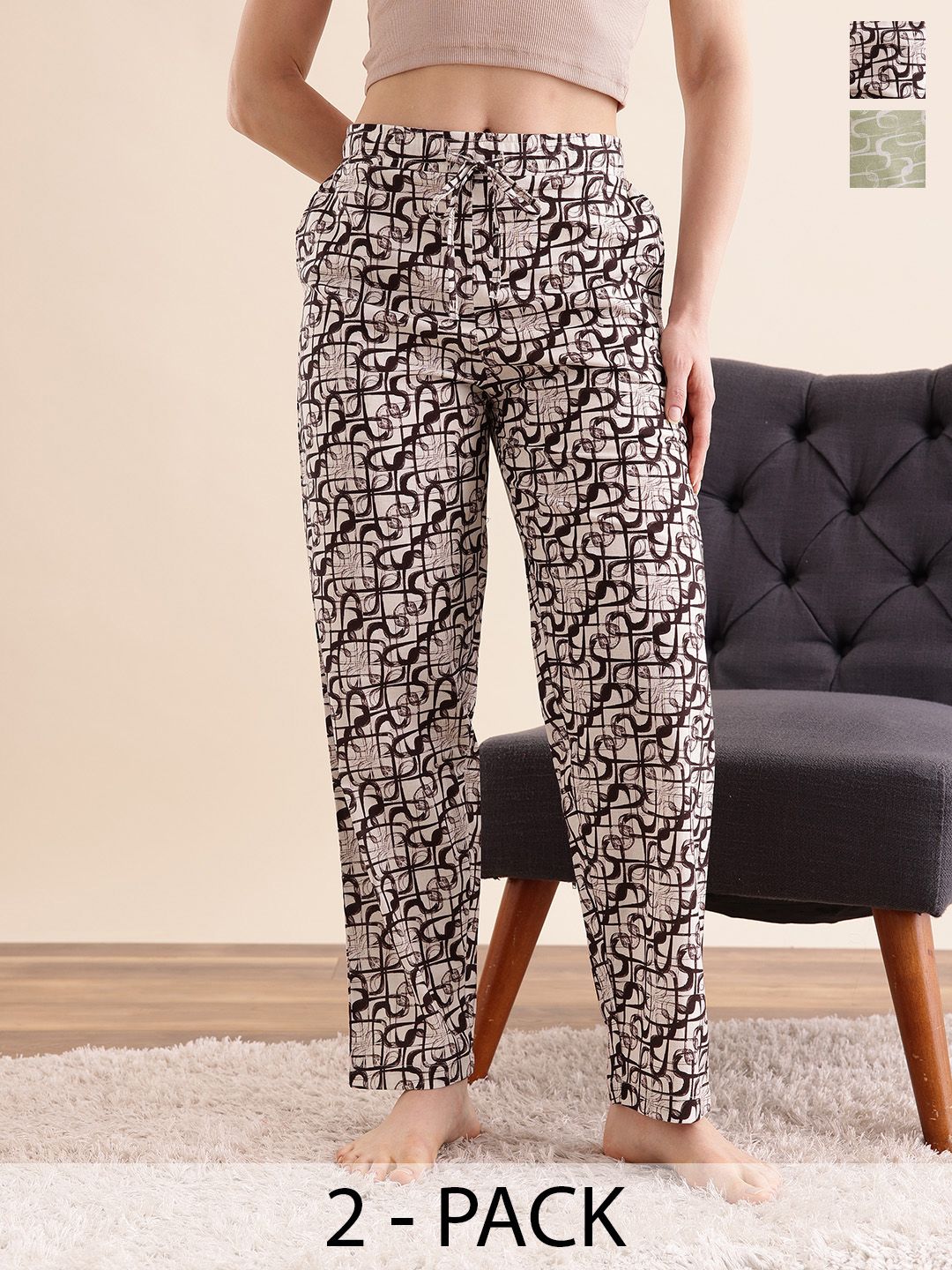 etc x fwd ETC Women Pack Of 2 Abstract Printed Straight Lounge Pants-picture-13