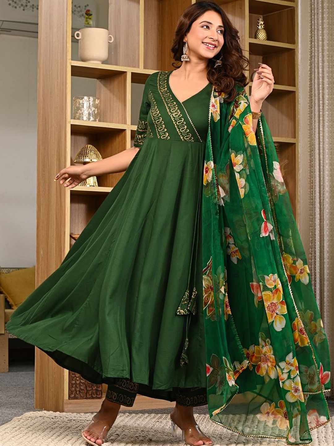 SALE MANTRA Women Floral Embroidered Angrakha Thread Work Kurta with Trousers & With Dupatta-picture-43