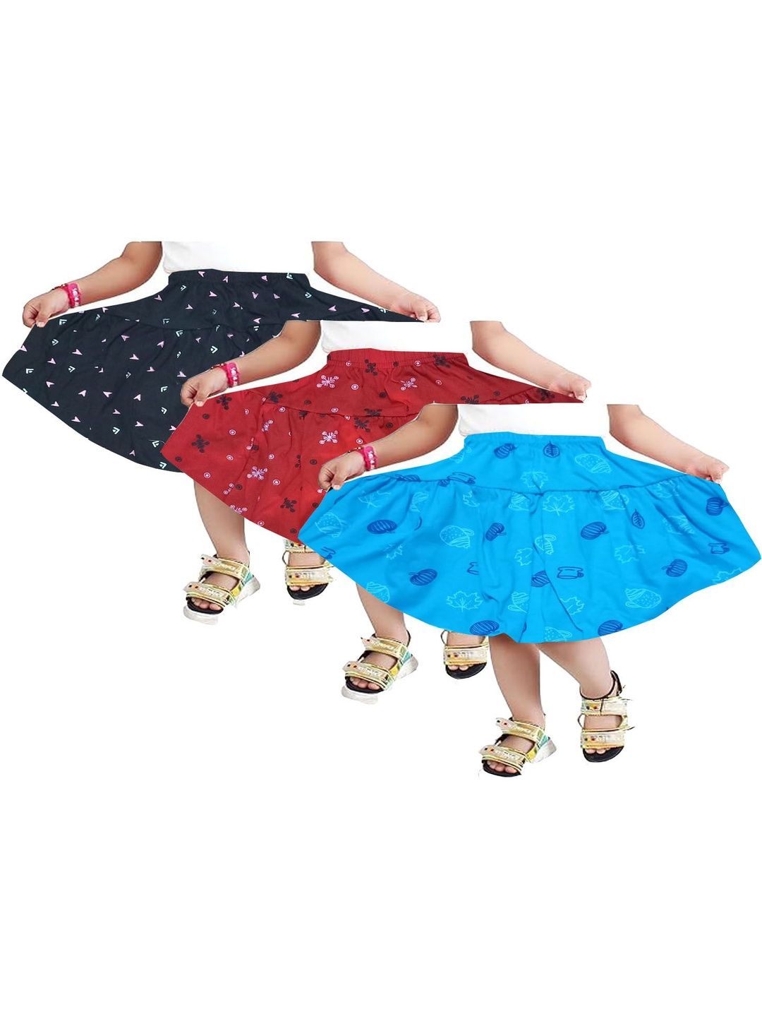 NewLadiesZone Girls Pack Of 3 Printed Pure Cotton Flared Mini Skirts-picture-38